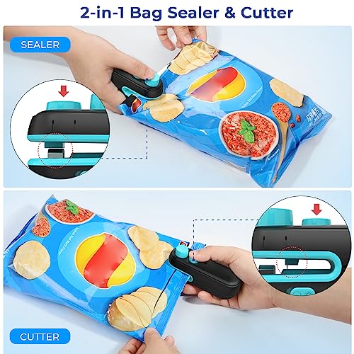 Mini Bag Sealer, 2 in 1 Chip Bag Sealer Heat Seal with Cutter Rechargeable Handheld Bag Resealer for Snacks Heat Sealer Machine Keep Food Chips Cookies Fresh, Sellador de Bolsas Plasticas
