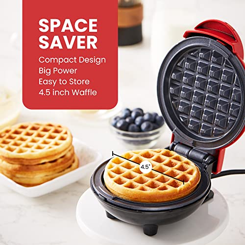 Elite Gourmet EWM015R# Electric Nonstick 4.5-inch Mini Waffle Maker, Belgian Waffles, Compact Design, Hash Browns, Keto, Snacks, Sandwich, Eggs, Easy to Clean, Red