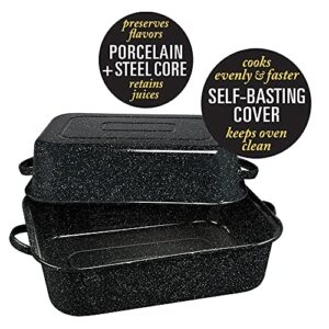 Granite Ware 25 lb. Enamelware Oven Rectangular Roaster with lid. Capacity 19.5 in (Speckled Black). Dishwasher Safe. Easy to Clean.