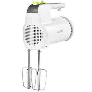 hand mixer electric, mosaic mixer with cord & attachments storage and 4 stainless steel accessories, easy eject handheld mixer for whipping mixing cookies, brownies, cakes, dough (white)