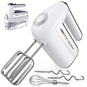 linkchef hand mixer electric, handheld mixers for cake, dough, kitchen baking, 5-speed with turbo & eject button, 6 accessories with beaters, whisk, dough hooks, storage case