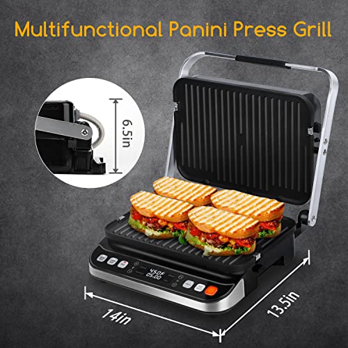 10 in 1 Panini Press Sandwich Maker, Taylor Swoden 1600W Electric Indoor Grill with Non-Stick Double Sided Plates, LED Touch Screen, Independent Temperature Control, Opens 180 Degrees, Stainless Steel