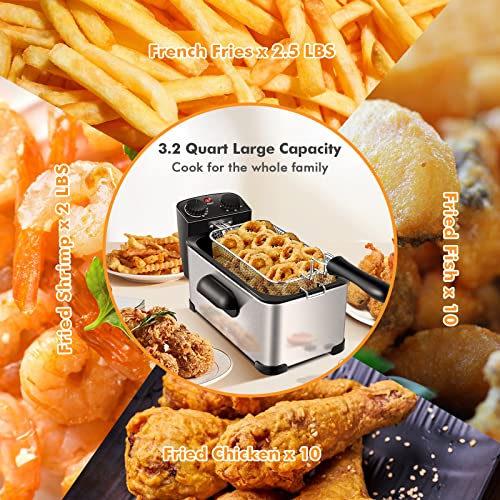 COSTWAY Deep Fryer with Basket, 3.2Qt Stainless Steel Electric Oil Fryer w/Adjustable Temperature, Timer, Lid with View Window, Professional Style, Deep Fryer Pot for Home Use, French Fries, Chicken