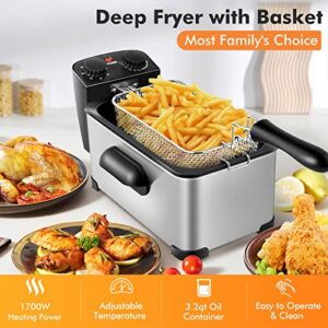 COSTWAY Deep Fryer with Basket, 3.2Qt Stainless Steel Electric Oil Fryer w/Adjustable Temperature, Timer, Lid with View Window, Professional Style, Deep Fryer Pot for Home Use, French Fries, Chicken