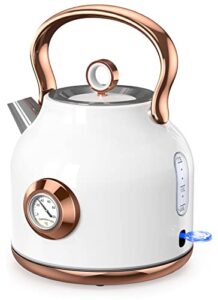 nessgraim retro electric kettle, 1.7l stainless steel tea kettle with large temperature gauge, 1500w fast heating hot water boiler with led indicator, auto shut-off & boil-dry protection-elegant white