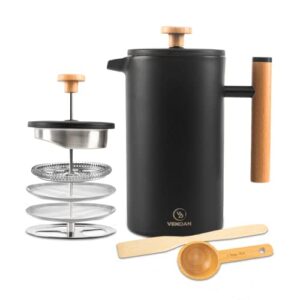 vendan french press - french press coffee maker 34 oz (1l) - stainless steel coffee press with double insulated wall - incl. 2x filter & coffee spoon