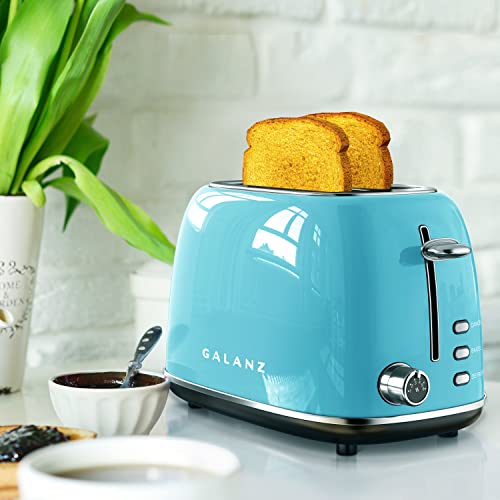 Galanz Retro 2-Slice Toaster, 1.5" Extra Wide Slots for Bagels & Thick Bread, Defrost and 6 Browning Levels, Includes a Dust Lid & Removable Crumb Tray, Blue