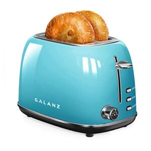 galanz retro 2-slice toaster, 1.5" extra wide slots for bagels & thick bread, defrost and 6 browning levels, includes a dust lid & removable crumb tray, blue