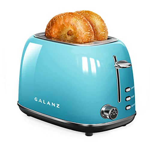 Galanz Retro 2-Slice Toaster, 1.5" Extra Wide Slots for Bagels & Thick Bread, Defrost and 6 Browning Levels, Includes a Dust Lid & Removable Crumb Tray, Blue