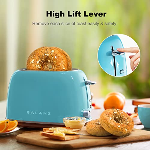 Galanz Retro 2-Slice Toaster, 1.5" Extra Wide Slots for Bagels & Thick Bread, Defrost and 6 Browning Levels, Includes a Dust Lid & Removable Crumb Tray, Blue