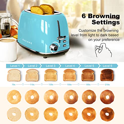 Galanz Retro 2-Slice Toaster, 1.5" Extra Wide Slots for Bagels & Thick Bread, Defrost and 6 Browning Levels, Includes a Dust Lid & Removable Crumb Tray, Blue