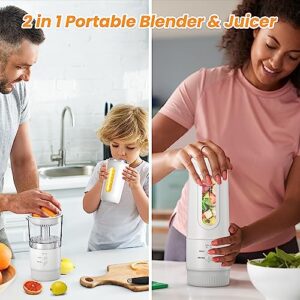 2 in 1 Portable Blender with Citrus Juicer, Blender for Shakes and Smoothies, Personal Smoothie Blender with 12 Oz Travel Cup and Lid, USB Rechargeable Mini Blender Smoothie Maker Lemon Orange Juicer