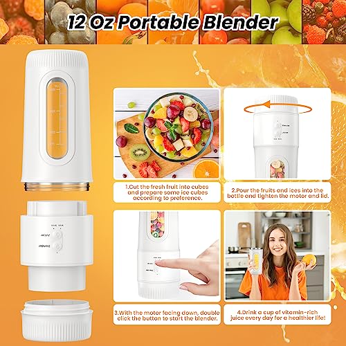 2 in 1 Portable Blender with Citrus Juicer, Blender for Shakes and Smoothies, Personal Smoothie Blender with 12 Oz Travel Cup and Lid, USB Rechargeable Mini Blender Smoothie Maker Lemon Orange Juicer