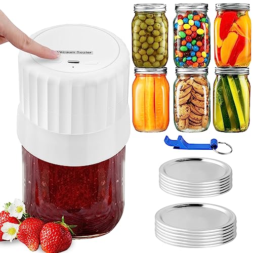 Electric Mason Jar Vacuum Sealer, All in One Vacuum Sealer for Jars Canning Sealer with Indicator Light Fits Wide-Mouth & Regular-Mouth Mason Jars, Handheld Vacuum Pump Includes 12 Jar Lids - White