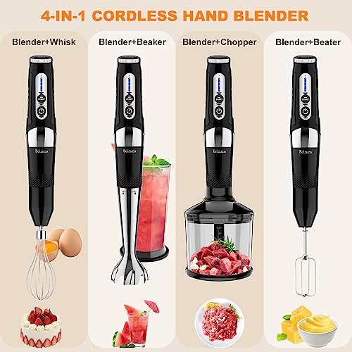 Cordless Hand Blender: 4-in-1 Rechargeable Cordless Immersion Blender Handheld, 21-Speed & 3-Angle Adjustable with 304 Stainless Steel Blades, Chopper, Beaker, Whisk and Beater for Milkshakes | Smoothies | Soup| Puree | Baby Food (Black)