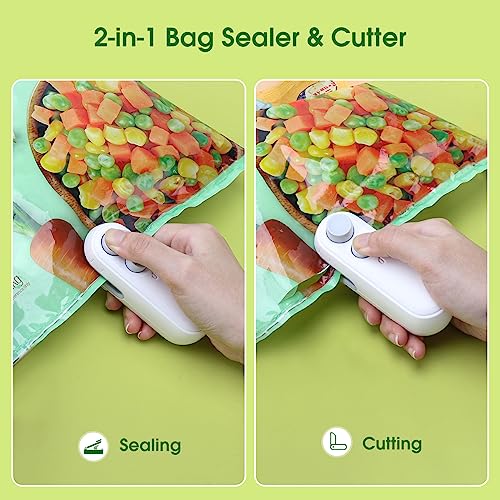 NOVFIT Mini Bag Sealer, 2 in 1 Heat Sealer For Snacks, Rechargeable Handheld Plastic Bag Resealer, Vacuum Bag Sealing Machine Portable, Keep Food Chips Cookies Fresh White.