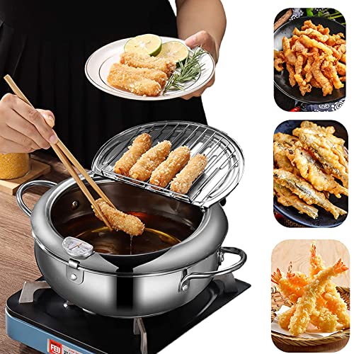 Deep Fryer Pot - Japanese Tempura Small Deep Fryer Stainless Steel Frying Pot With Thermometer,Lid And Oil Drip Drainer Rack for French Fries Shrimp Chicken Wings and Shrimp (24cm/9.4inch)