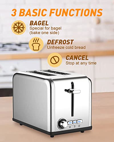 2 Slice Toaster - Stainless Steel Wide Slot Toasters 6 Shade Settings Defrost/Bagel/Cancel with Drop-Down Crumb Tray, Compact Countertop Toaster for Artisan Bread, Muffin, Croissant, Bagel, Waffles