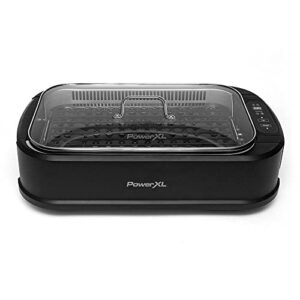 powerxl smokeless grill family size- with tempered glass lid with interchangeable grill and griddle plate and turbo speed smoke extractor technology 22.1” x13.2” x 6.1