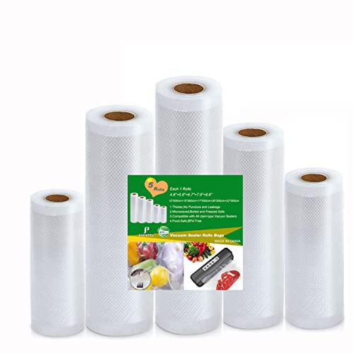 Food Vacuum Sealer Bags Rolls with Commercial Grade,Kitchen 5 Rolls Food Saver Bags,(12+15+17+20+22) x500cm Sous Vide Bags Rolls with BPA Free for All Vacuum Sealer,Great for Food Vac Storage