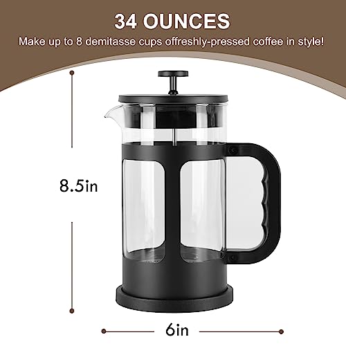 Greenual French Press Coffee Maker 34 oz, Borosilicate Glass French Press with 4 Filter, 304 Stainless Steel Cold Brew Heat Resistant Coffee Press for Travel Gifts, (Black)