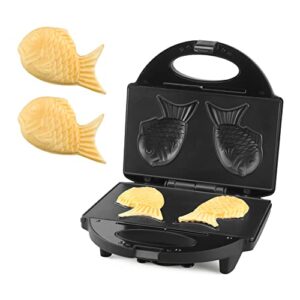 finemade taiyaki fish waffle maker machine with non stick cooking plate, electric japanese fish shaped waffle iron pan, korean bungeoppang pan, recipe included