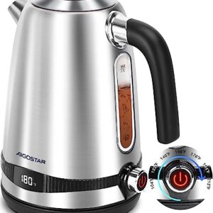 Aigostar Electric Kettle Temperature Control, Electric Tea Kettle with LED Display & 7 Presets, 304 Stainless Steel Hot Water Boiler with 120Min Keep Warm, Boil-Dry Protection, BPA Free,1.7L