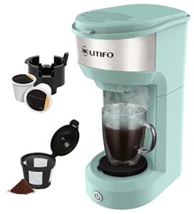 litifo single serve coffee maker for ground coffee, tea & k cup pod, 2-in-1 small coffee machine with 6 to 14oz reservoir, one-button fast brew, auto shut-off & self cleaning function (green)
