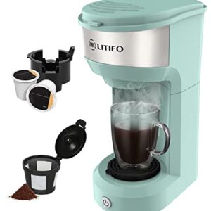 LITIFO Single Serve Coffee Maker for Ground coffee, Tea & K Cup Pod, 2-In-1 Small Coffee Machine with 6 to 14oz Reservoir, One-Button Fast Brew, Auto Shut-off & Self Cleaning Function (Green)
