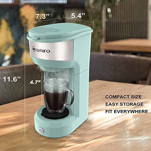 LITIFO Single Serve Coffee Maker for Ground coffee, Tea & K Cup Pod, 2-In-1 Small Coffee Machine with 6 to 14oz Reservoir, One-Button Fast Brew, Auto Shut-off & Self Cleaning Function (Green)