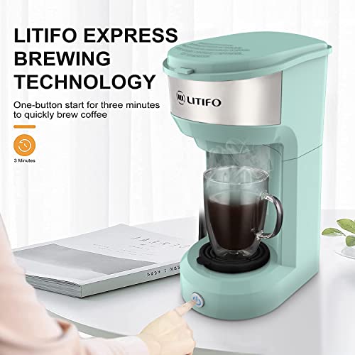 LITIFO Single Serve Coffee Maker for Ground coffee, Tea & K Cup Pod, 2-In-1 Small Coffee Machine with 6 to 14oz Reservoir, One-Button Fast Brew, Auto Shut-off & Self Cleaning Function (Green)