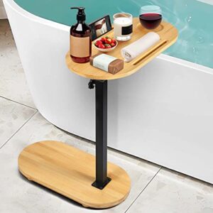 c-shaped end table, bamboo bathtub tray table with adjustable height, small side table for couch, tray table with rotatable for bathtub, living room, bedroom, bedside, natural material