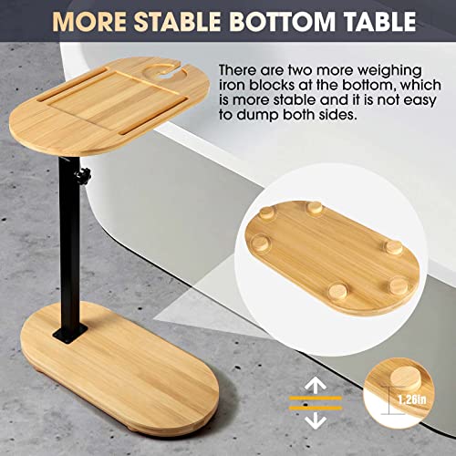 C-Shaped End Table, Bamboo Bathtub Tray Table with Adjustable Height, Small Side Table for Couch, Tray Table with rotatable for Bathtub, Living Room, Bedroom, Bedside, Natural Material