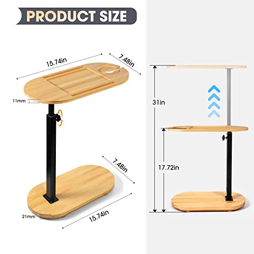 C-Shaped End Table, Bamboo Bathtub Tray Table with Adjustable Height, Small Side Table for Couch, Tray Table with rotatable for Bathtub, Living Room, Bedroom, Bedside, Natural Material