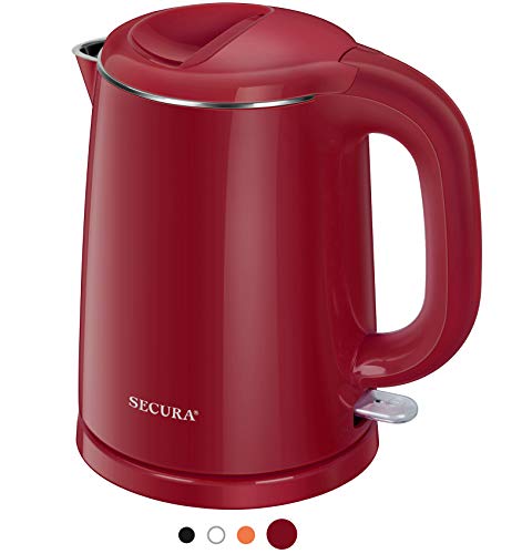 Secura Stainless Steel Double Wall Electric Kettle Water Heater for Tea Coffee w/Auto Shut-Off and Boil-Dry Protection, 1.0L (Red)