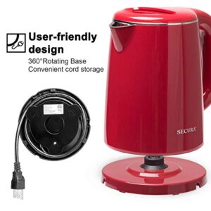 Secura Stainless Steel Double Wall Electric Kettle Water Heater for Tea Coffee w/Auto Shut-Off and Boil-Dry Protection, 1.0L (Red)