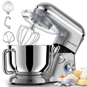 sasa rocoo stand mixer 660w 6+p speed tilt-head electric kitchen mixer with 7.5 qt stainless steel bowl, beater, dough hook, whisk, beater for baking, bagel, cake, pizza，dishwasher safe (silver)