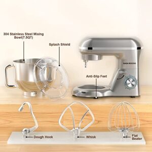 SASA ROCOO Stand Mixer 660W 6+P Speed Tilt-Head Electric Kitchen Mixer with 7.5 Qt Stainless Steel Bowl, Beater, Dough Hook, Whisk, Beater for Baking, Bagel, Cake, Pizza，Dishwasher Safe (silver)