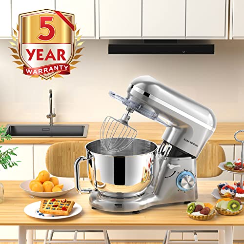 SASA ROCOO Stand Mixer 660W 6+P Speed Tilt-Head Electric Kitchen Mixer with 7.5 Qt Stainless Steel Bowl, Beater, Dough Hook, Whisk, Beater for Baking, Bagel, Cake, Pizza，Dishwasher Safe (silver)