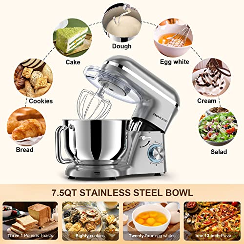 SASA ROCOO Stand Mixer 660W 6+P Speed Tilt-Head Electric Kitchen Mixer with 7.5 Qt Stainless Steel Bowl, Beater, Dough Hook, Whisk, Beater for Baking, Bagel, Cake, Pizza，Dishwasher Safe (silver)