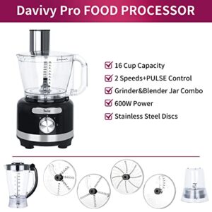 Davivy 16-Cup Food Processor Grinder Blender Combo,10-in-1 Multi-function Food Chopper with 60oz Blender 8.5oz Wet Grinder,600W with 2 Speeds Plus Pulse,Cheese Grating,Meat Chopping,Emulsifying, Shredding, Slicing, Mashing, Mixing, Doughing,3.8L Processor