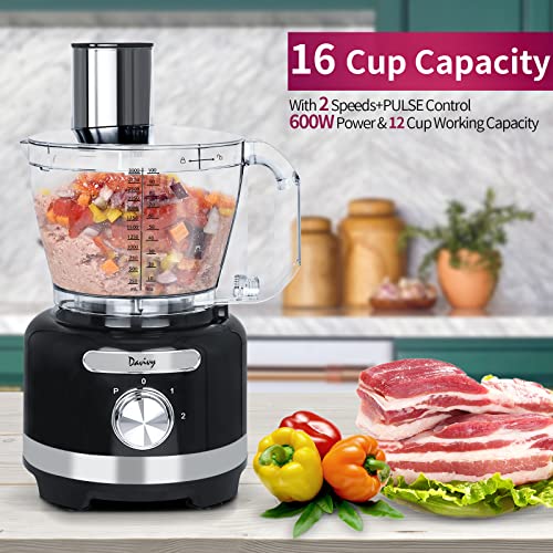 Davivy 16-Cup Food Processor Grinder Blender Combo,10-in-1 Multi-function Food Chopper with 60oz Blender 8.5oz Wet Grinder,600W with 2 Speeds Plus Pulse,Cheese Grating,Meat Chopping,Emulsifying, Shredding, Slicing, Mashing, Mixing, Doughing,3.8L Processor