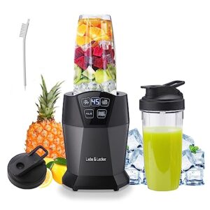 liebe & lecker personal blender with 1200-peak-watts, smart technology for frozen drinks, shakes, smoothies & sauces, with two 28-oz to-go cups & spout lids, black