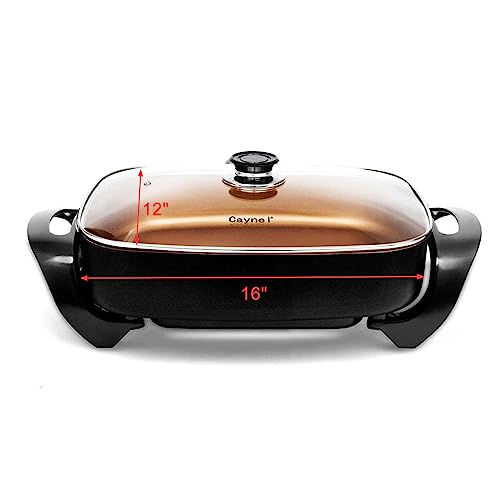 Caynel Professional Non-stick Copper Electric Skillet Jumbo, Deep Dish with Tempered Glass Vented Lid, Upgrade Thermostat, 16”x 12”x 3.15”- 8 quart