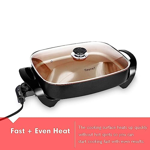 Caynel Professional Non-stick Copper Electric Skillet Jumbo, Deep Dish with Tempered Glass Vented Lid, Upgrade Thermostat, 16”x 12”x 3.15”- 8 quart