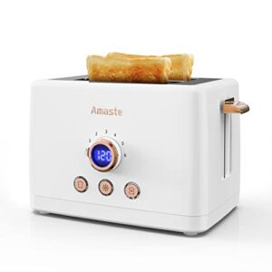 2 slice toaster, retro bread toaster with led digital countdown timer, extra wide slots toasters with 6 bread shade settings, bagel, cancel, defrost function, stainless steel with high lift lever, removal crumb tray, white