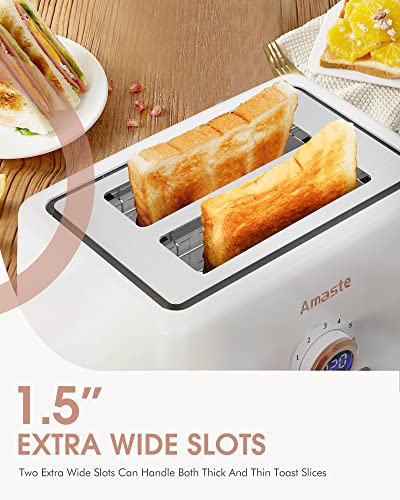 2 Slice Toaster, Retro Bread Toaster with LED Digital Countdown Timer, Extra Wide Slots Toasters with 6 Bread Shade Settings, Bagel, Cancel, Defrost Function, Stainless Steel with High Lift Lever, Removal Crumb Tray, White