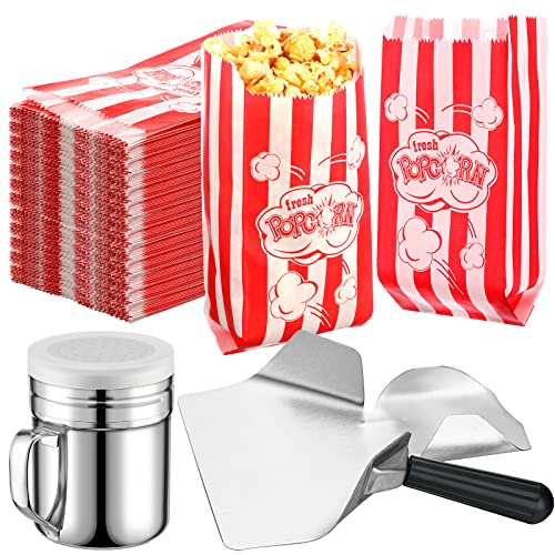 Potchen 502 Pieces Popcorn Machine Supplies Set Includes 500 Pcs 1oz Red and White Bags Bundle Scoop Stainless Steel Seasoning Dredge with Handle Lid Season Salt Shaker