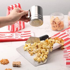 Potchen 502 Pieces Popcorn Machine Supplies Set Includes 500 Pcs 1oz Red and White Bags Bundle Scoop Stainless Steel Seasoning Dredge with Handle Lid Season Salt Shaker