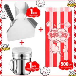 Potchen 502 Pieces Popcorn Machine Supplies Set Includes 500 Pcs 1oz Red and White Bags Bundle Scoop Stainless Steel Seasoning Dredge with Handle Lid Season Salt Shaker